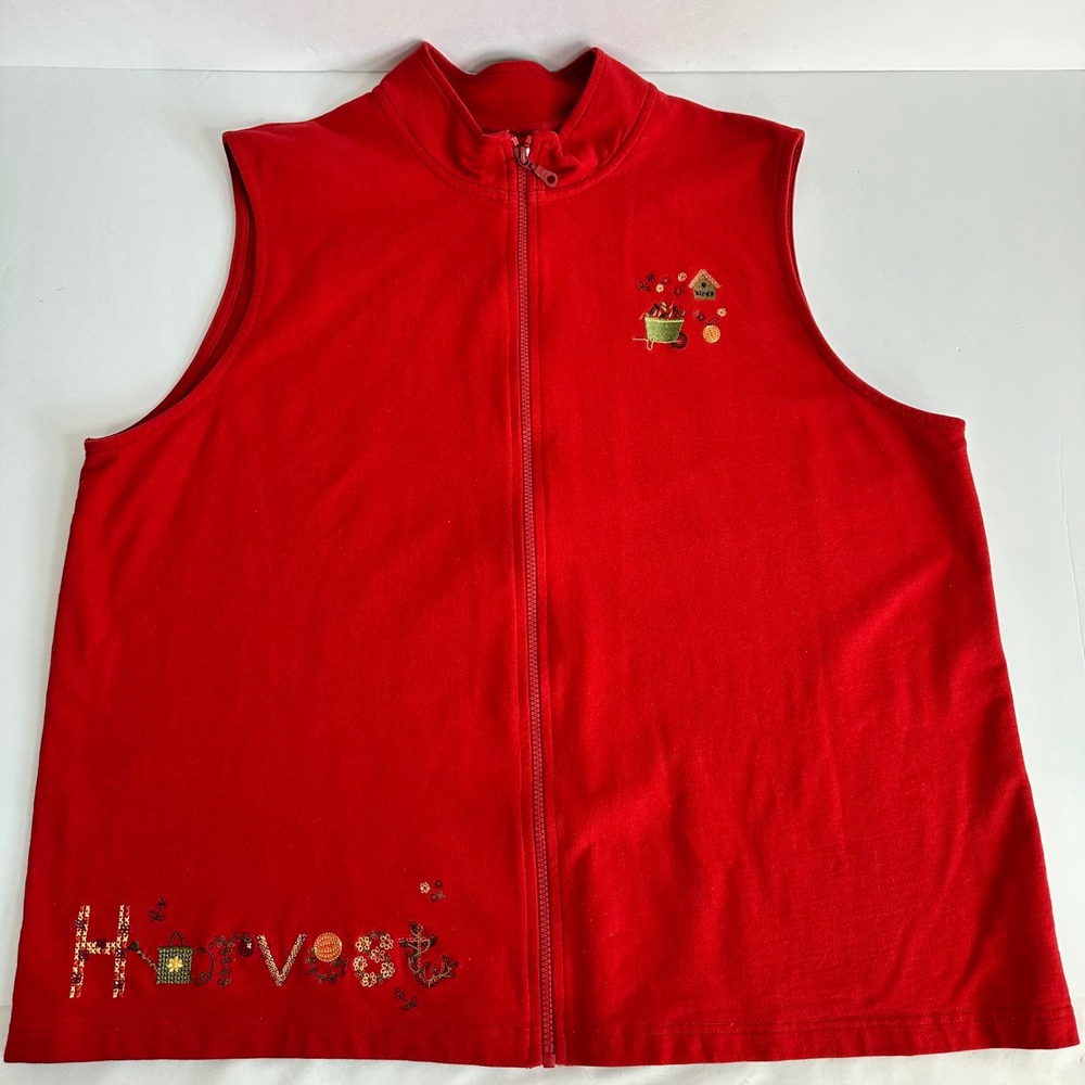 CJ Banks Red Zip Front Vest 2X Plus Harvest Embroidered Fall Teacher Lightweight